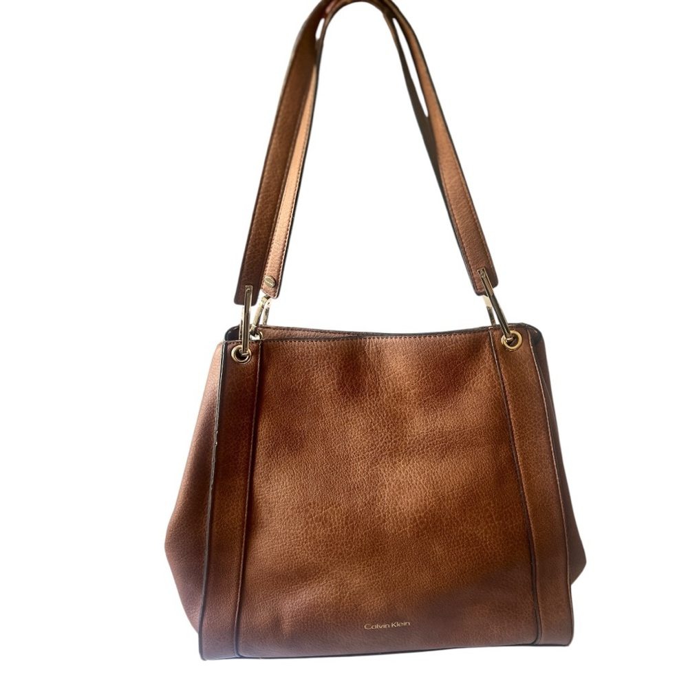 Calvin Klein Ellie Pebbled Leather Shoulder Bag - Brown, Gold Hardware
